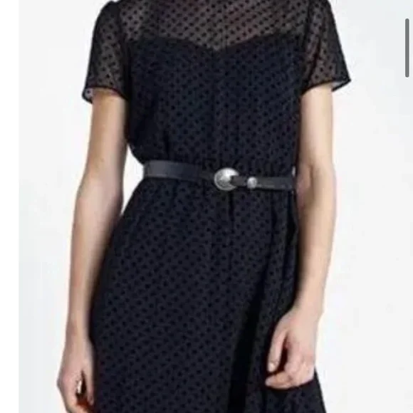 ZARA Black Flocked Swiss Dot Shirt Sleeve Flowy Midi Dress - Picture 4 of 14
